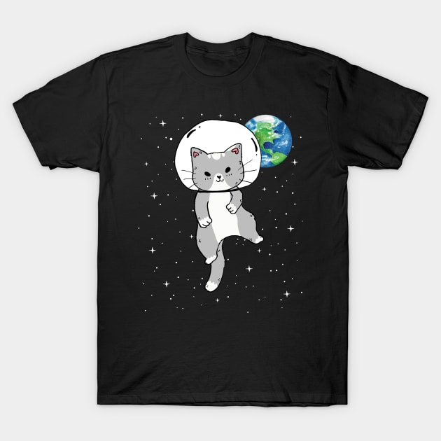 Funny Cute Cat in Space Catstronaut Milky Way Galaxy Earth T-Shirt by MintedFresh